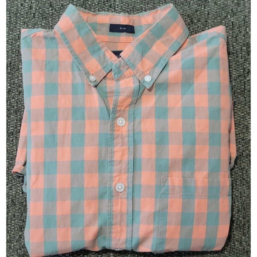 J. Crew Men's Pink Blue Check Slim Fit Lightweight Long Sleeve Shirt Size Medium